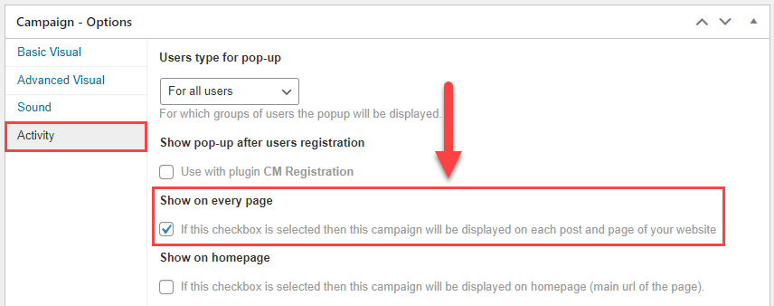 Popup Activity settings - Timed Popup WordPress Plugin