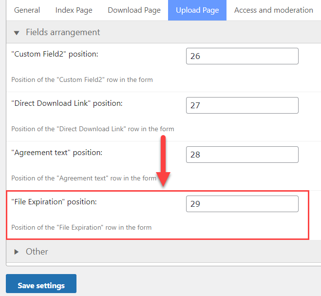 Changing the position of the field that shows the expiration date on the upload page - File Download Plugin