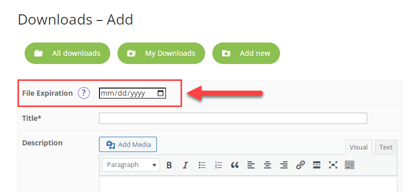 Example of a custom File Expiration field position on the upload page - WordPress Document Management