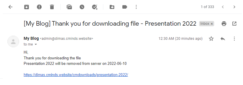 Example of the email notification - WP File Download Plugin