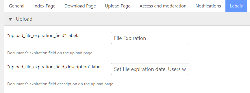 Labels settings for the expiration option on the upload page - File Manager Plugin for WordPress