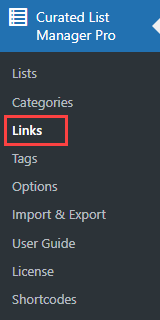 Navigation to the links dashboard - WordPress Content Aggregation