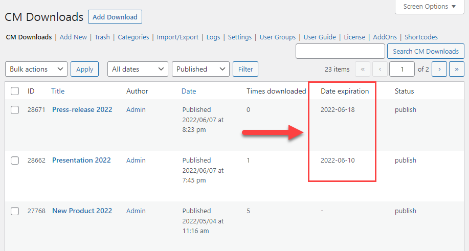 Tracking files with expiration dates on the back-end - File Manager Plugin for WordPress