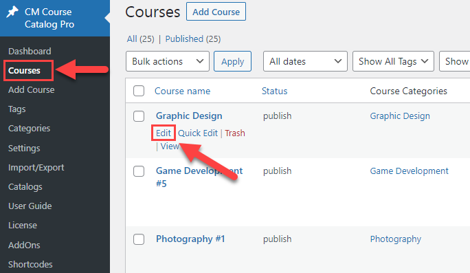 Editing the course - WordPress Plugin for Courses