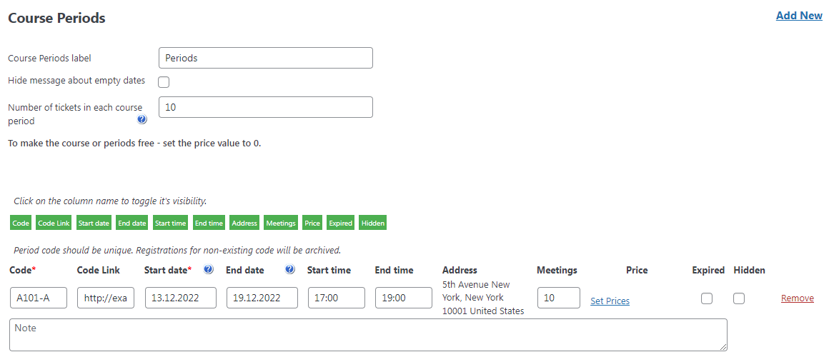 Setting up the course periods - E Learning WordPress Plugin