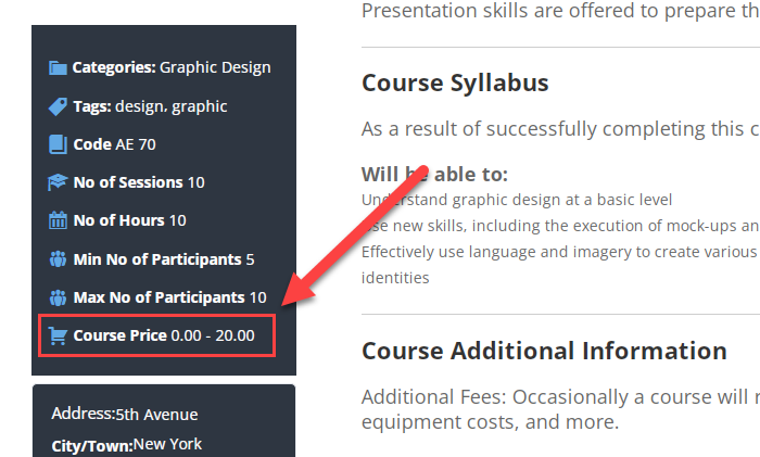 Displaying the course price range - WordPress Plugin for Courses