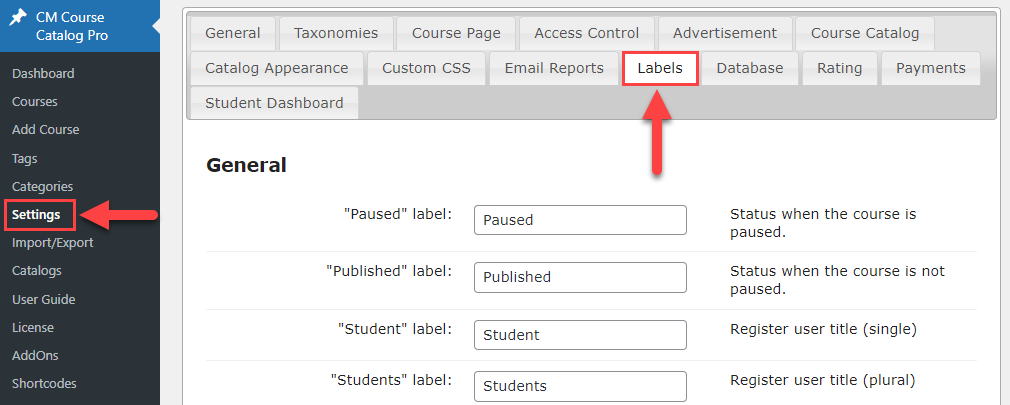 Labels settings - E Learning WordPress Plugin