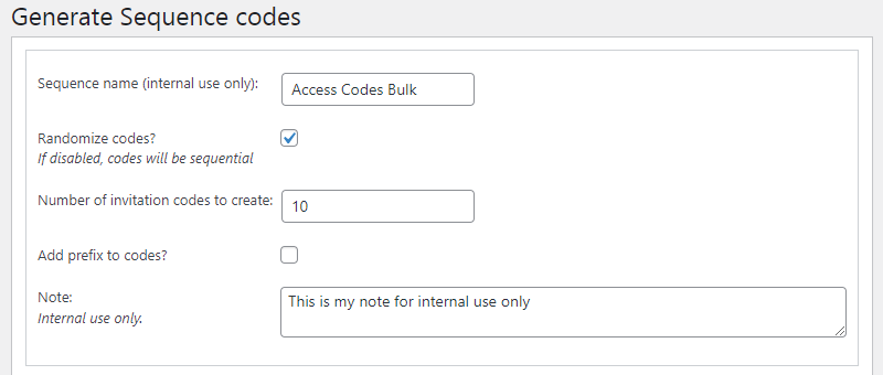 Settings for generating sequence of invitation codes - Private Content WordPress Plugin