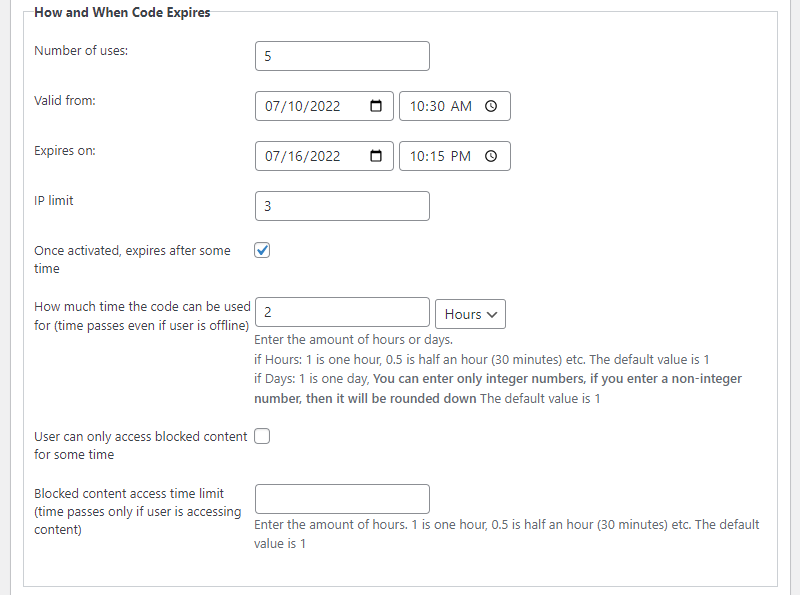 Setting up the expiration restrictions for invitation codes - Members Plugin Restrict Content