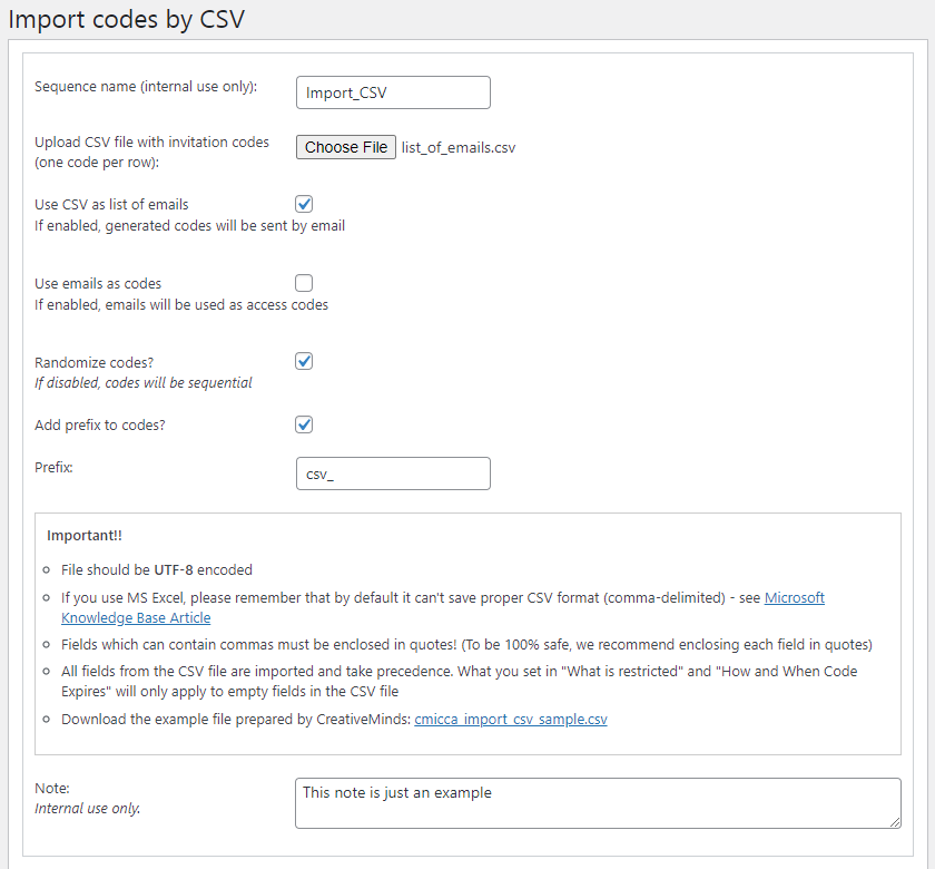 Settings for importing invitation codes from CSV - Portal WordPress Plugin Private Content Per User