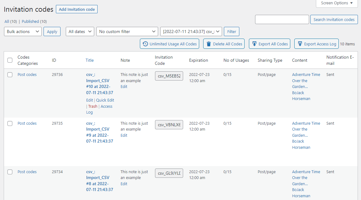 Managing invitation codes - WordPress Content Restriction