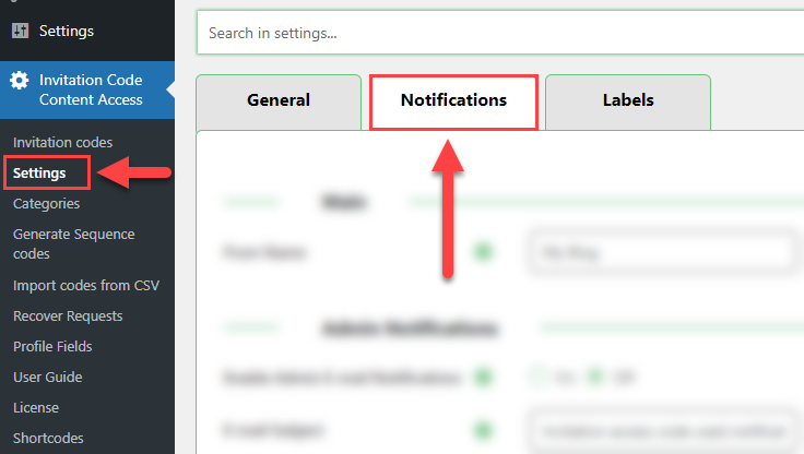 Navigation to notifications settings - Private Content WordPress Plugin