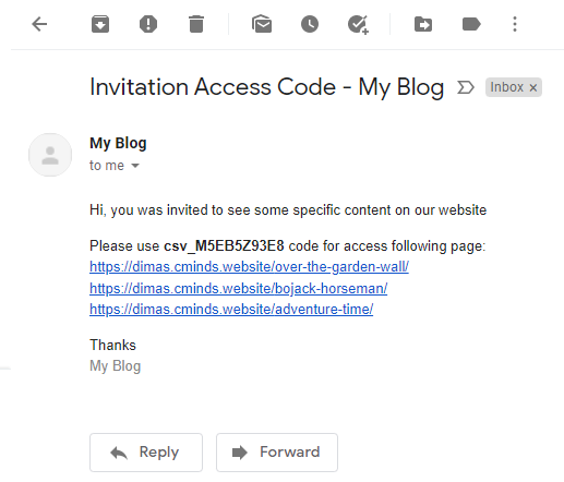 Example of the email notification with the invitation code - Portal WordPress Plugin Private Content Per User