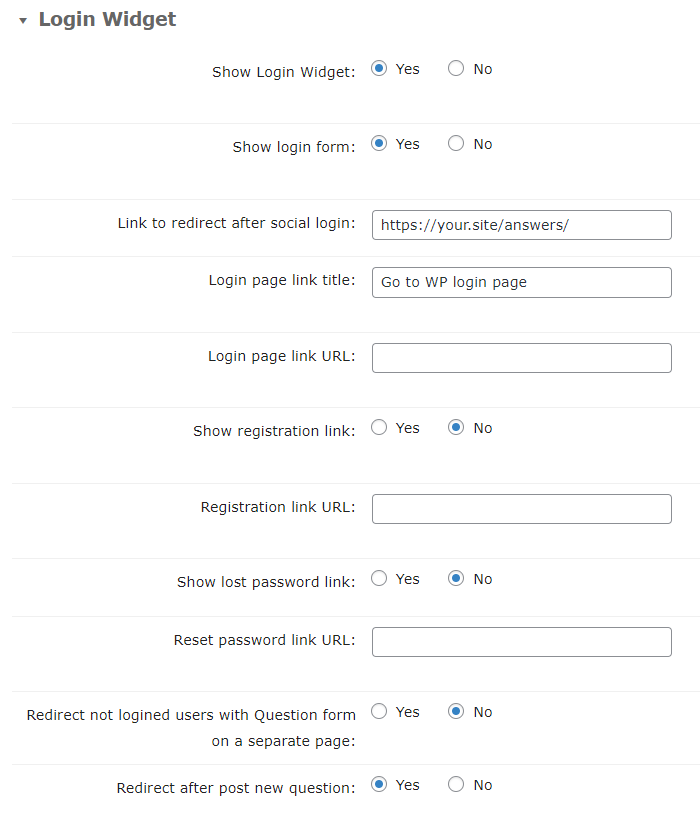 Login widget settings - WordPress Q and A Plugin