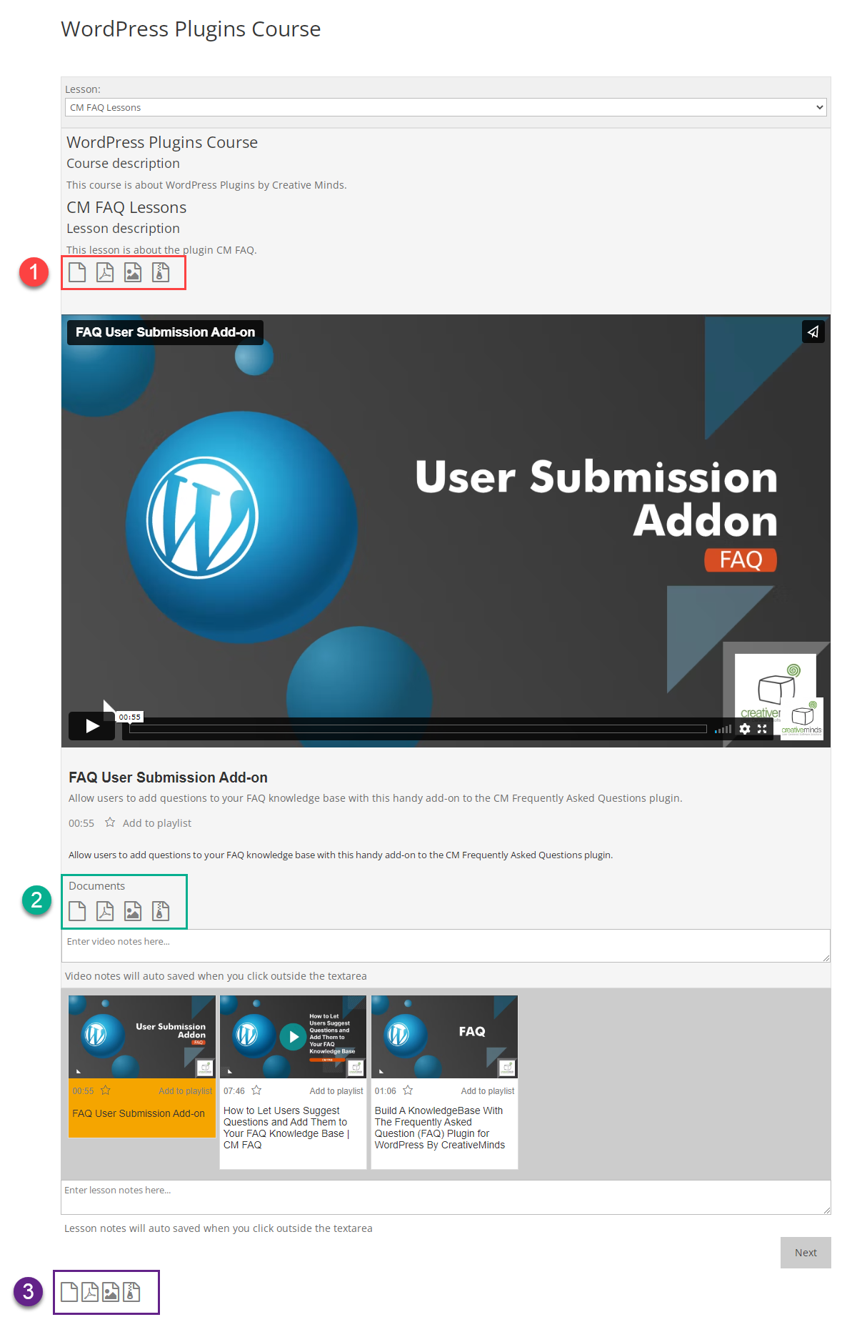 Front-end example of attached files to the course / lesson / video - WordPress eLearning Plugin