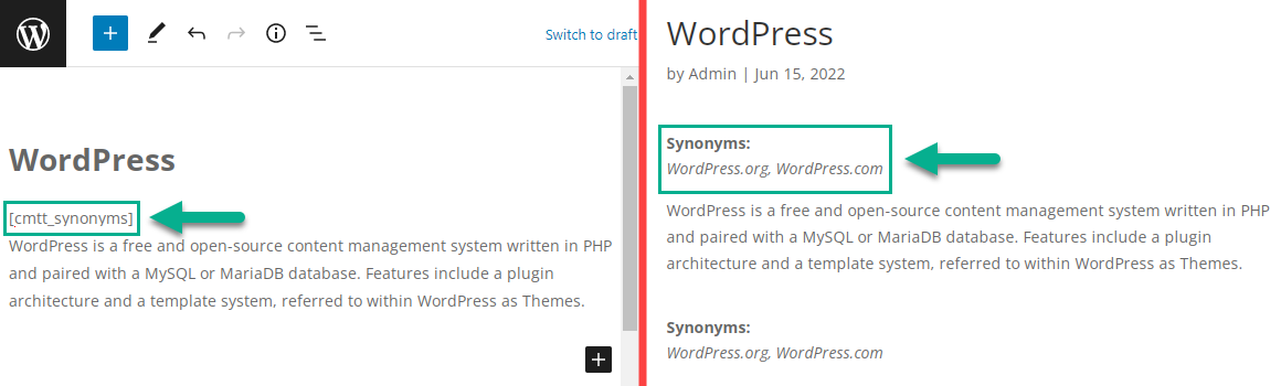 Displaying the list of synonyms on the term page using the shortcode - Wiki Plugin for WordPress