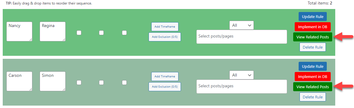 Viewing the list of related pages for each rule - WordPress Plugin Search and Replace