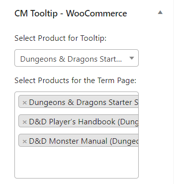 Selecting products in the glossary term page - Tooltip Plugin WordPress