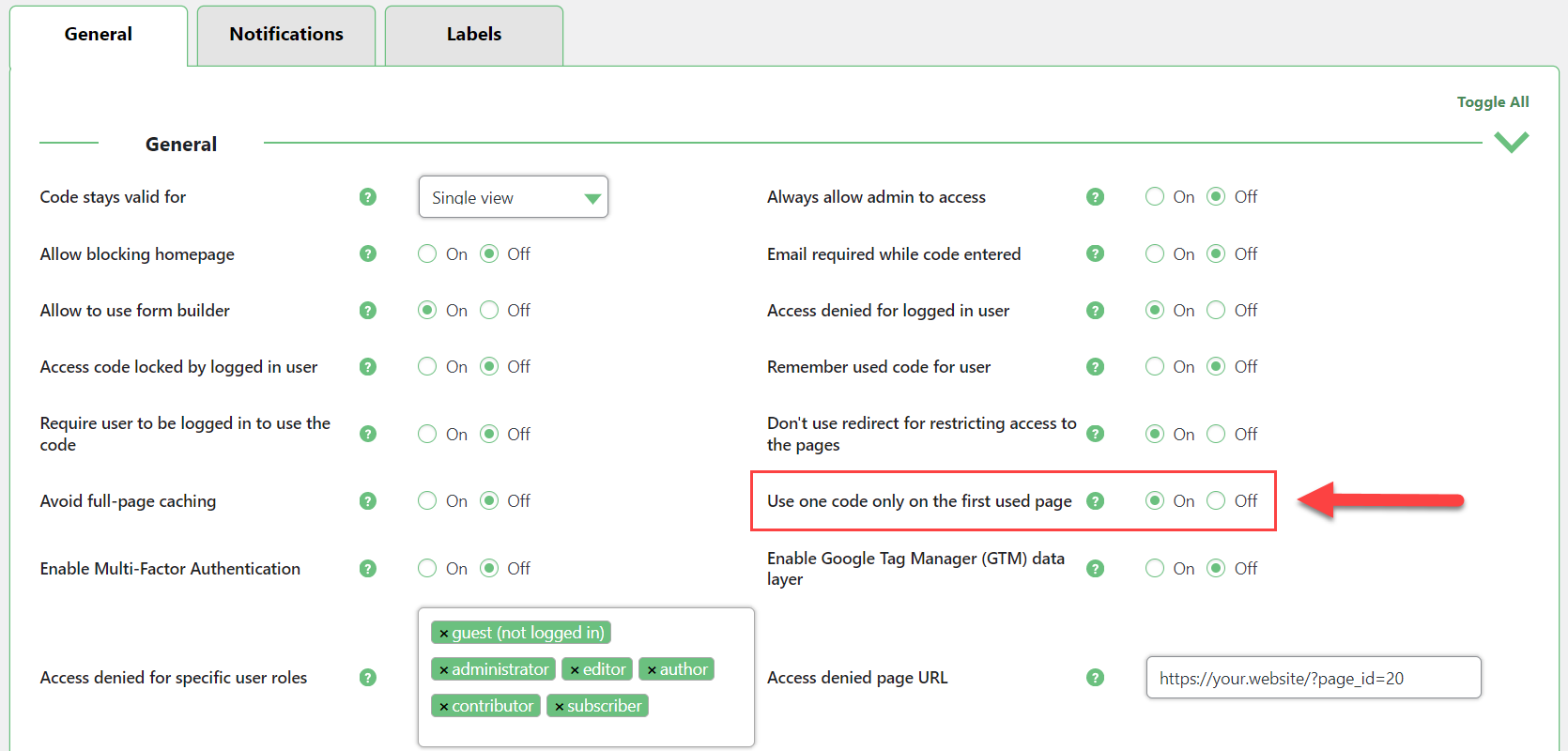 Enabling the option 'Use one code only on the first used page' - Members Plugin Restrict Content