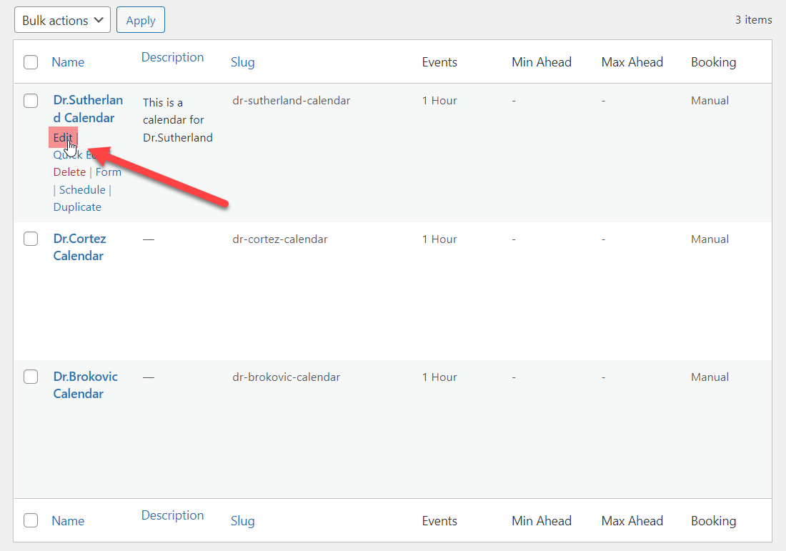 Choosing the calendar for editing - WordPress Plugin for Scheduling Consultations