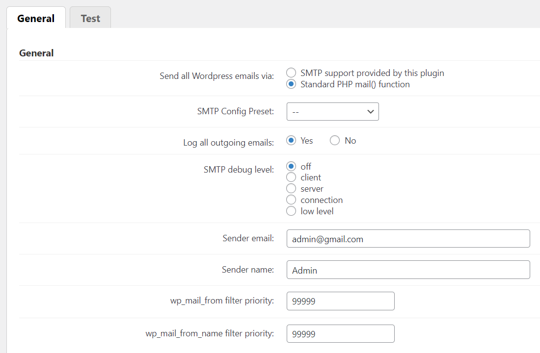 General plugin settings - WordPress SMTP Configuration