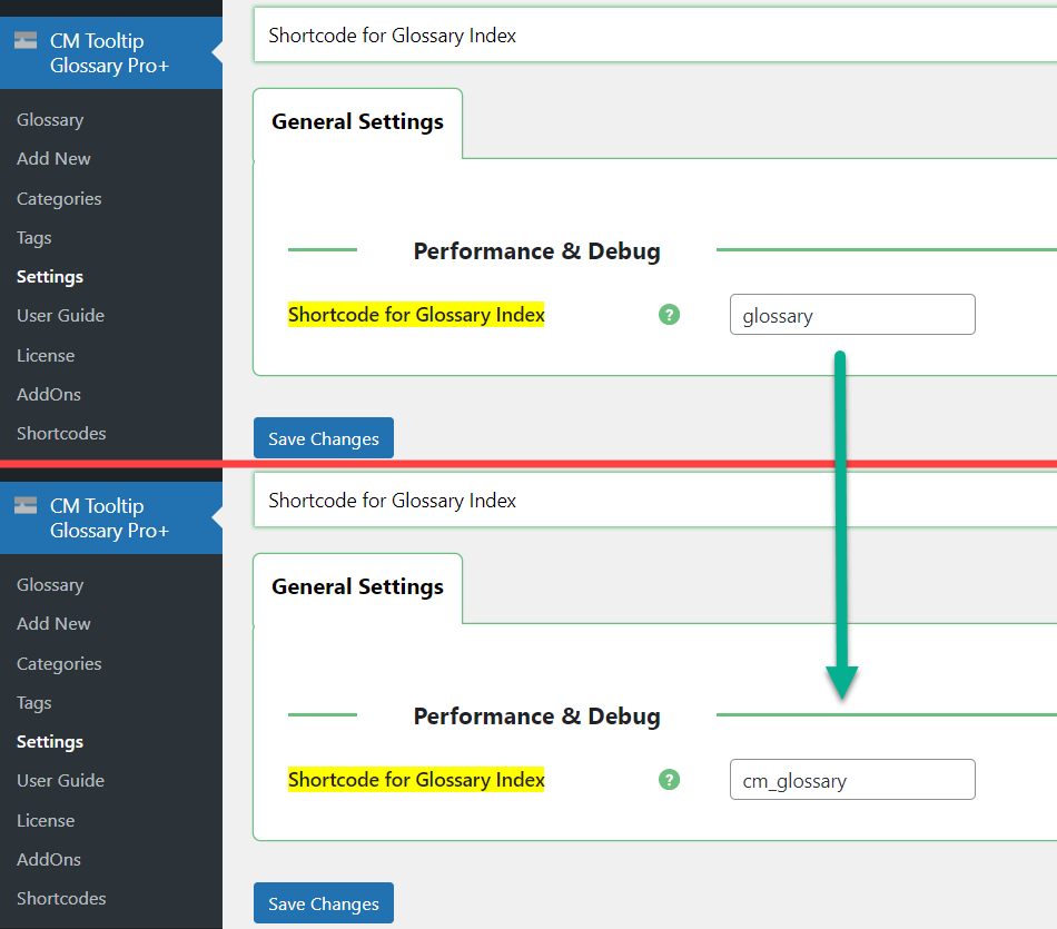 Changing the shortcode for glossary index - Glossary Plugin WordPress