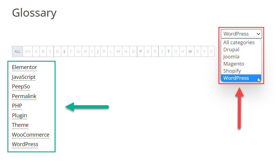 Filter terms by categories on the index page - WordPress Glossary Plugin