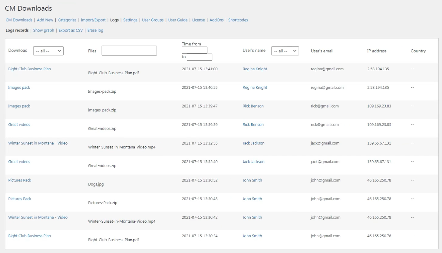 Log records about downloads - File Download Plugin