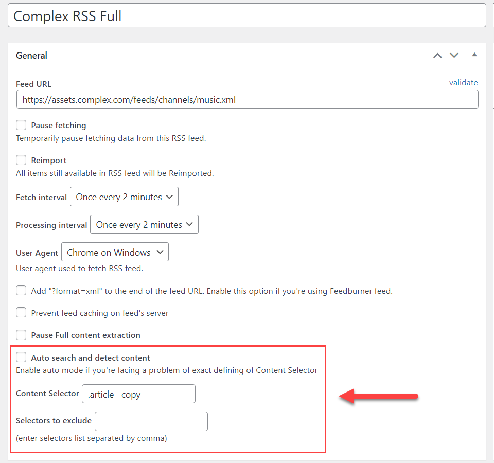 Content Importer add-on settings - RSS Feeds Importer Plugin