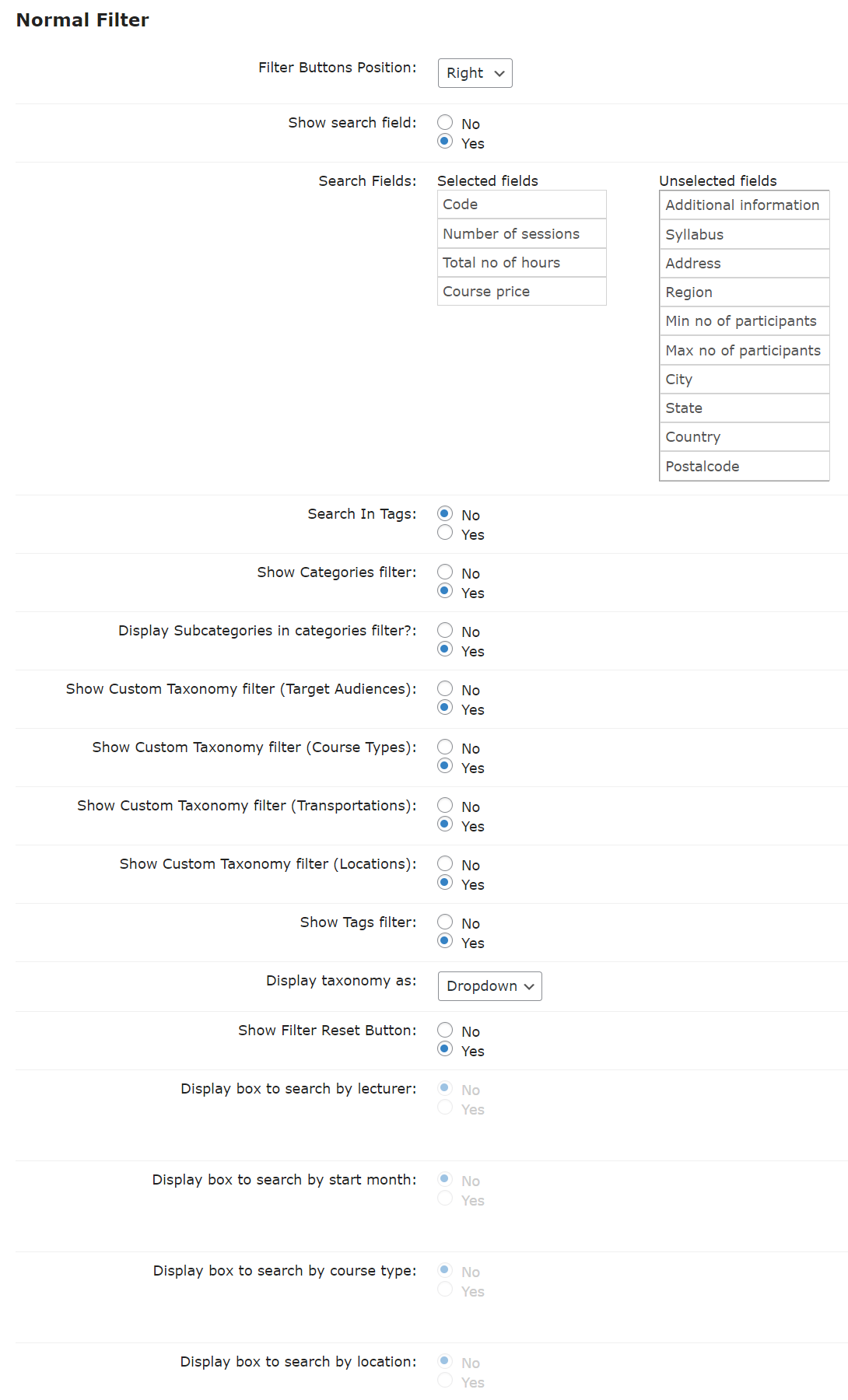 Normal filter settings - WordPress LMS Plugin