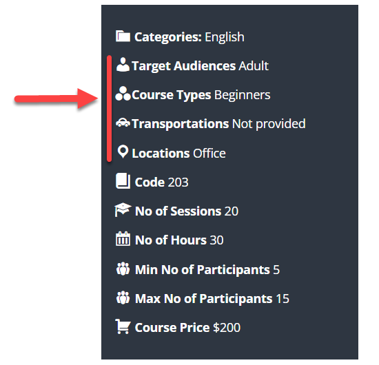 Example of custom taxonomies on the course page - WordPress Plugin for Courses