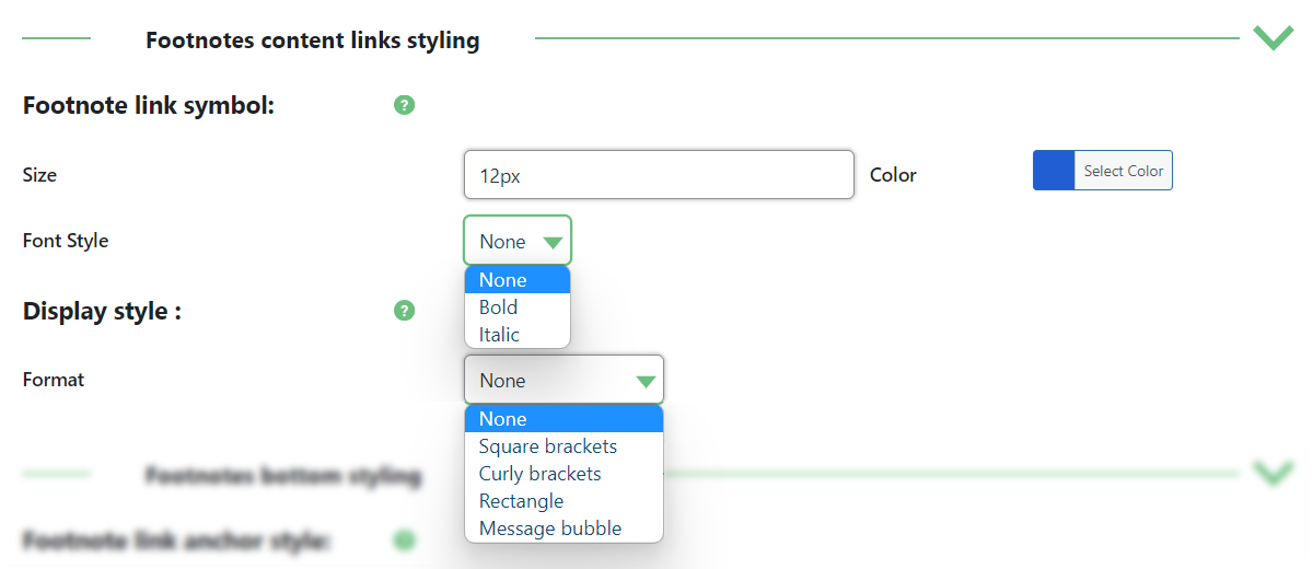 Footnotes content links styling settings - Footnotes WordPress