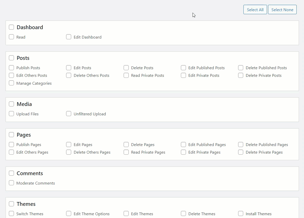 Selecting All or None user capabilities - WordPress Custom Login Form