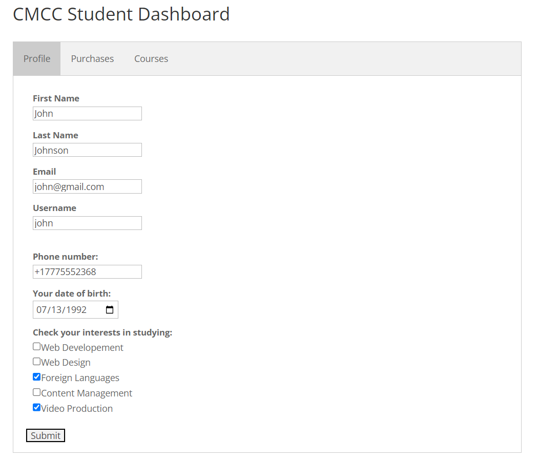 Student Dashboard Example: Profile tab - WordPress Plugin for Online Courses