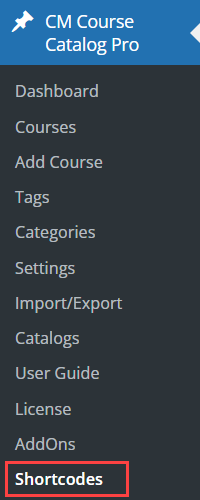 Navigation to the shortcodes list - WordPress Plugin for Online Courses