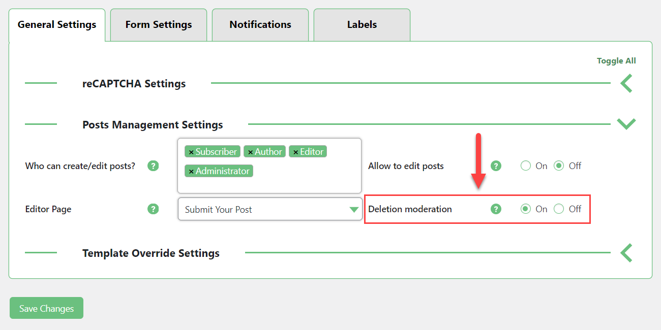 Enabling deletion moderation - WordPress Plugin to Allow Users to Post On Front End