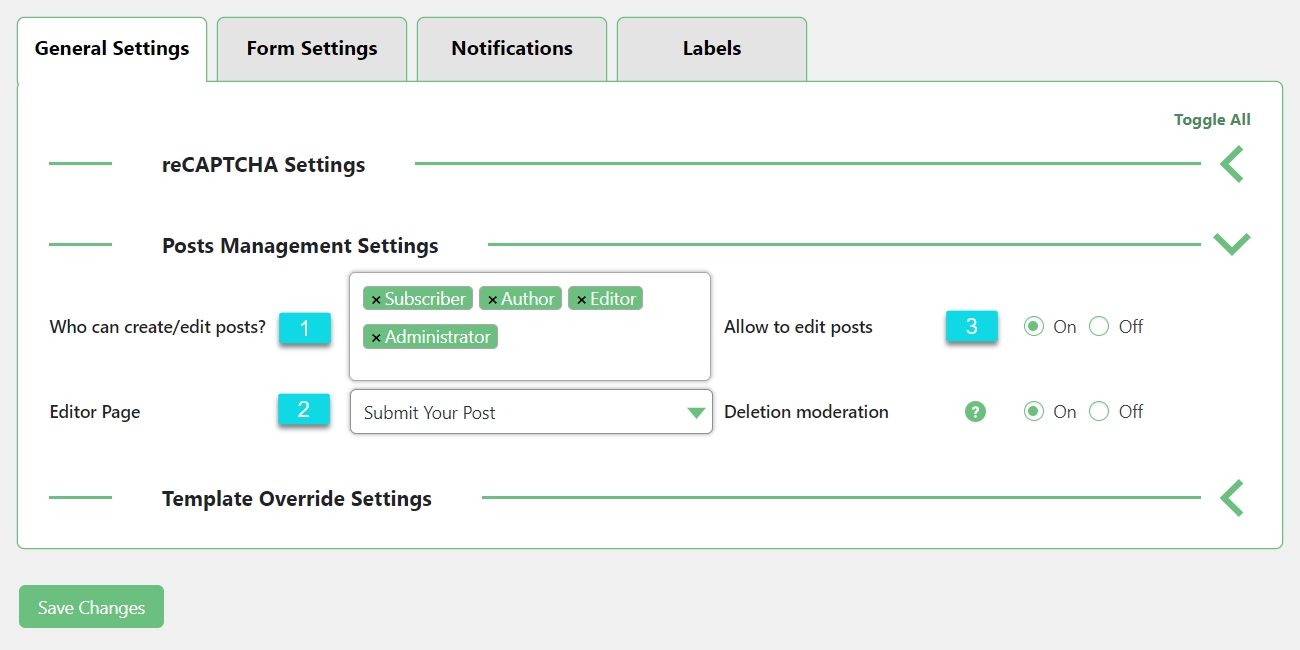 Posts management settings - Frontend Posting WordPress Plugin