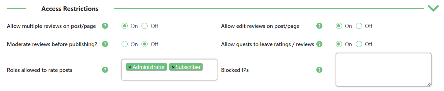 Access restrictions settings - WordPress Rating System