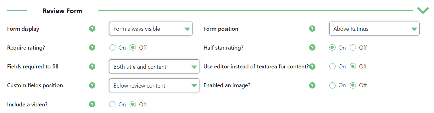 Review form settings - WordPress Plugin Star Rating for Reviews