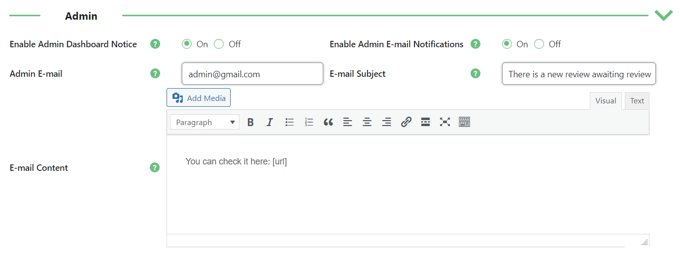 Admin notification settings - Customer Reviews Plugin