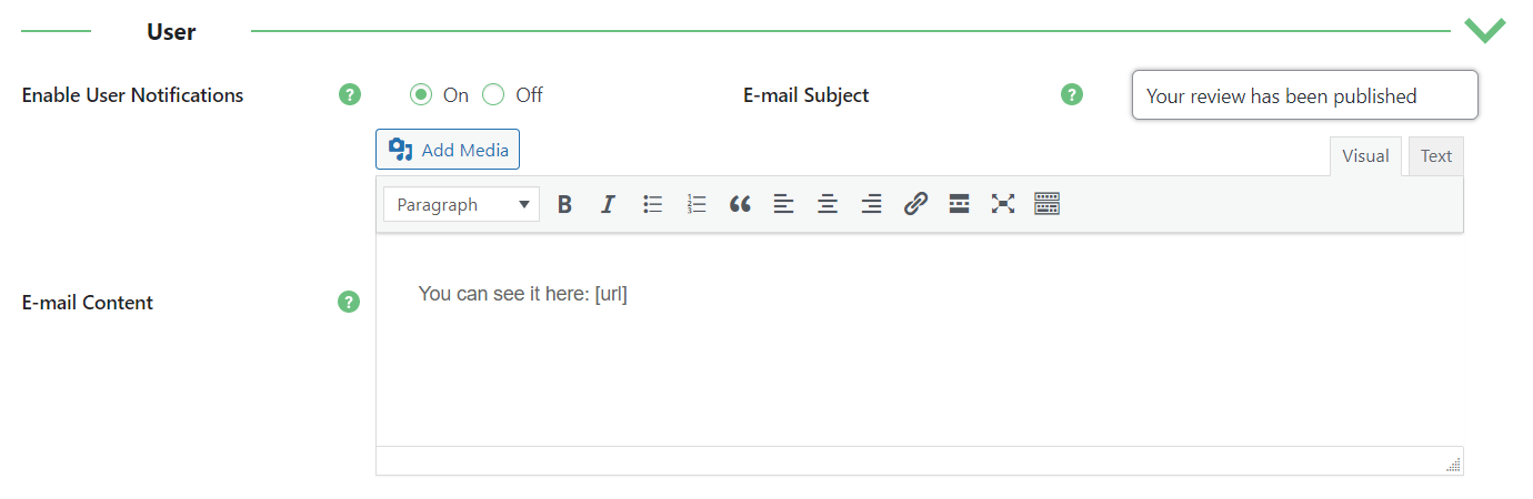 User notification settings - WordPress Plugin Star Rating for Reviews
