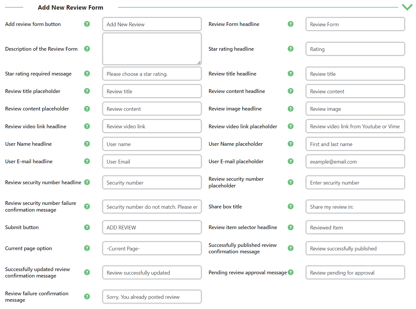 Add new review form labels - Customer Review Plugin for WordPress