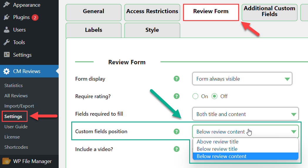 Choosing the custom fields position - WordPress Plugin Star Rating for Reviews