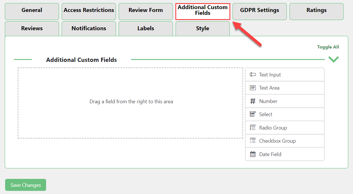 Additional custom fields settings tab - Product Review WordPress Plugin