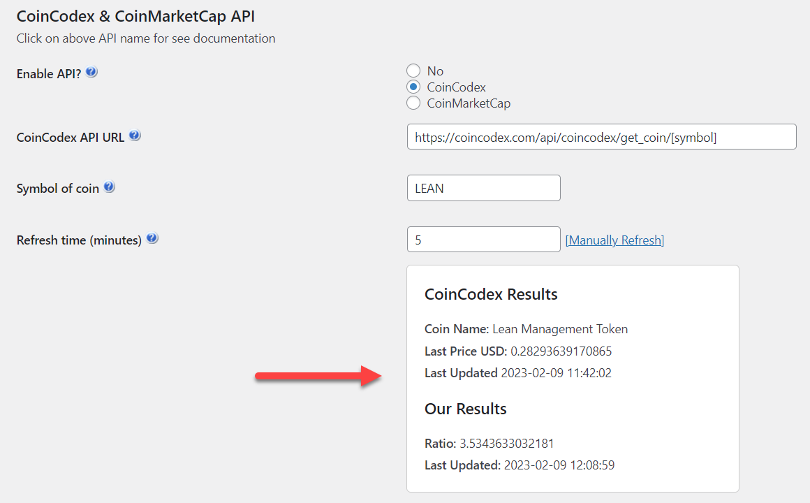 Integration with CoinCodex - Result example - WordPress Wallet Plugin