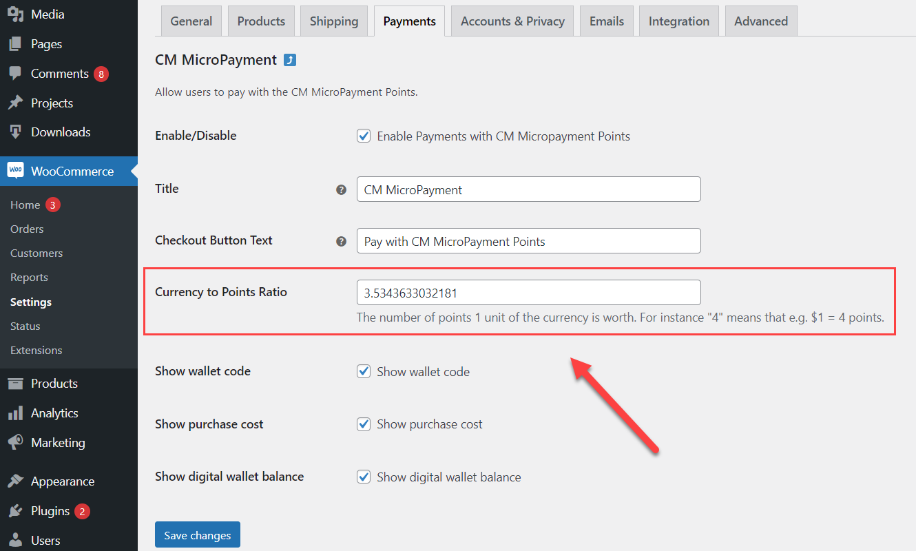 Automatic set up currency to points ratio based on CoinCodex data - WordPress Point System