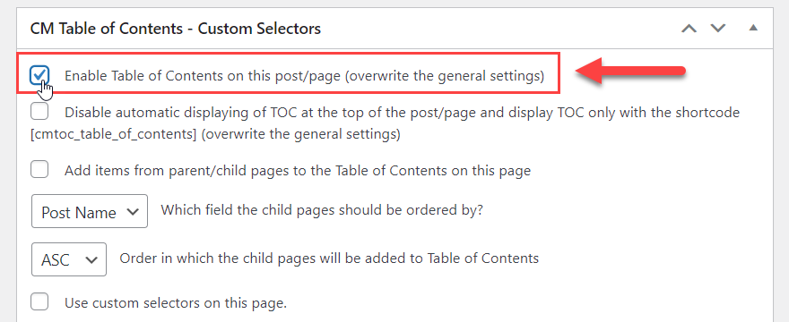 Enabling TOC on the page - TOC Table of Contents WordPress Plugin