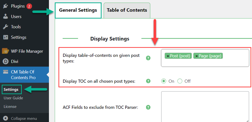 Choosing post types where to display TOC - WordPress TOC Plugin