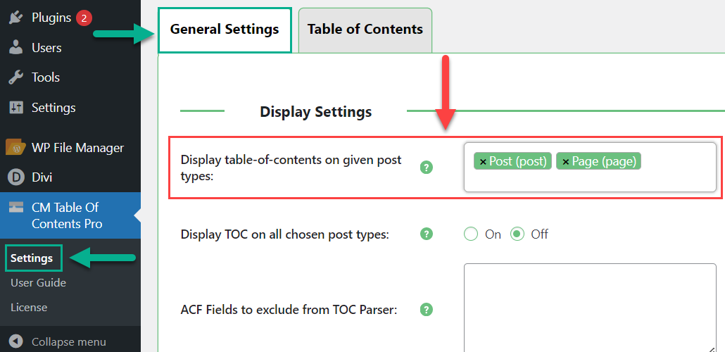 Choosing post types where to display TOC - Add Table of Contents WordPress