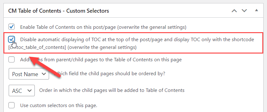 Disabling automatic displaying of TOC - Table of Contents WordPress